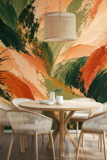 Close-up of textured brushstroke wallpaper in rust, olive green, and soft peach tones.