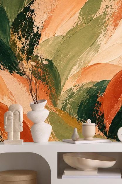 Abstract pattern of green and rusty orange foliage in thick paint strokes.