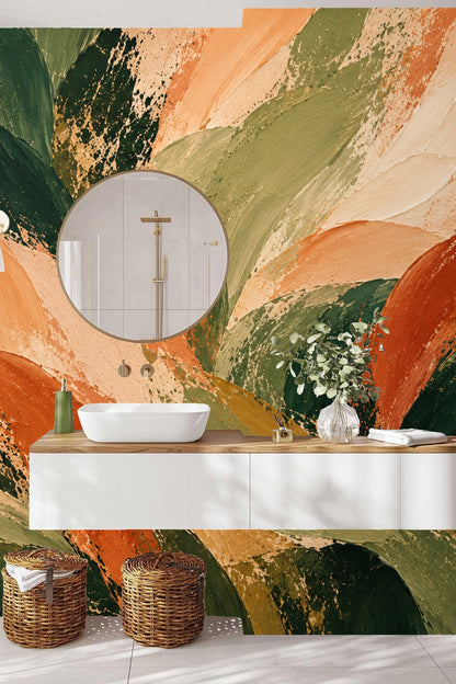 Section of wallpaper showing flowing leaf shapes in earthy color gradations.