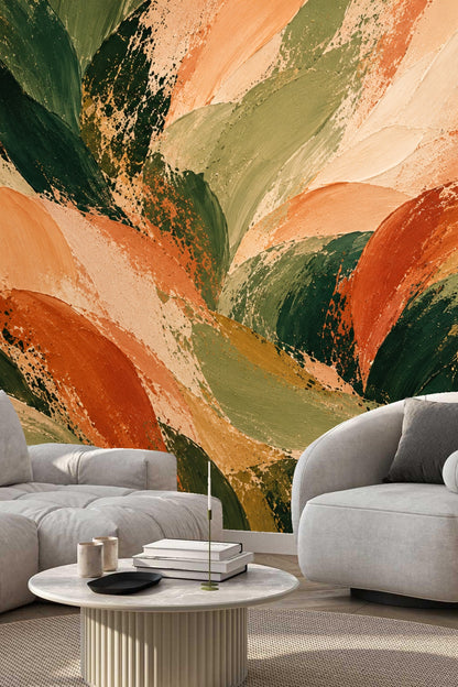 Dining room scene with rust and sage leaf wallpaper, natural rattan chairs, and round wooden table.
