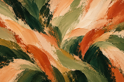 Pattern segment demonstrating the mix of muted greens and bold rust hues.