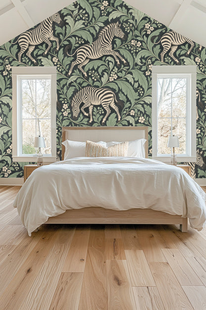 Detailed pattern of zebras in various poses with large green leaves and small pale flowers on dark background