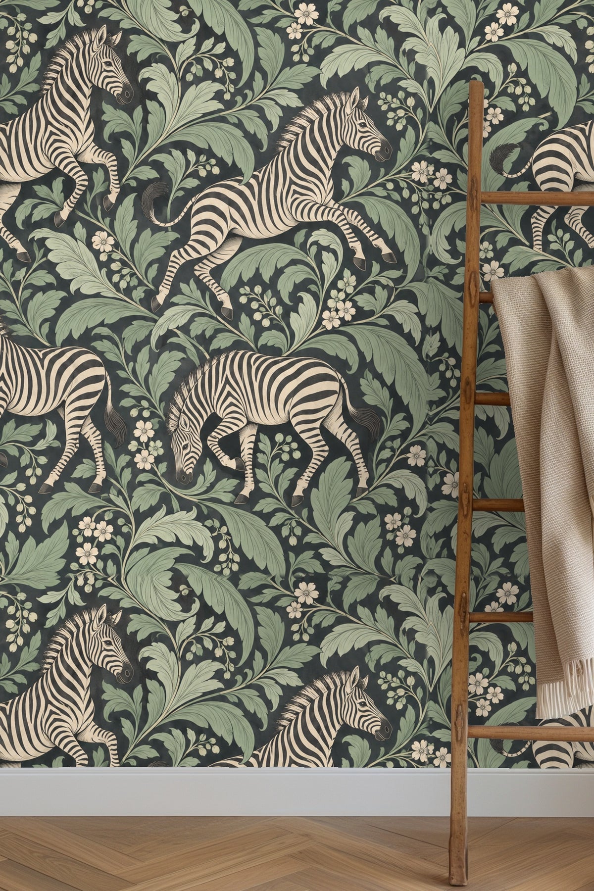 Section of wallpaper showing intertwined leaves alongside a resting zebra