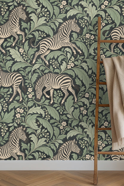 Section of wallpaper showing intertwined leaves alongside a resting zebra