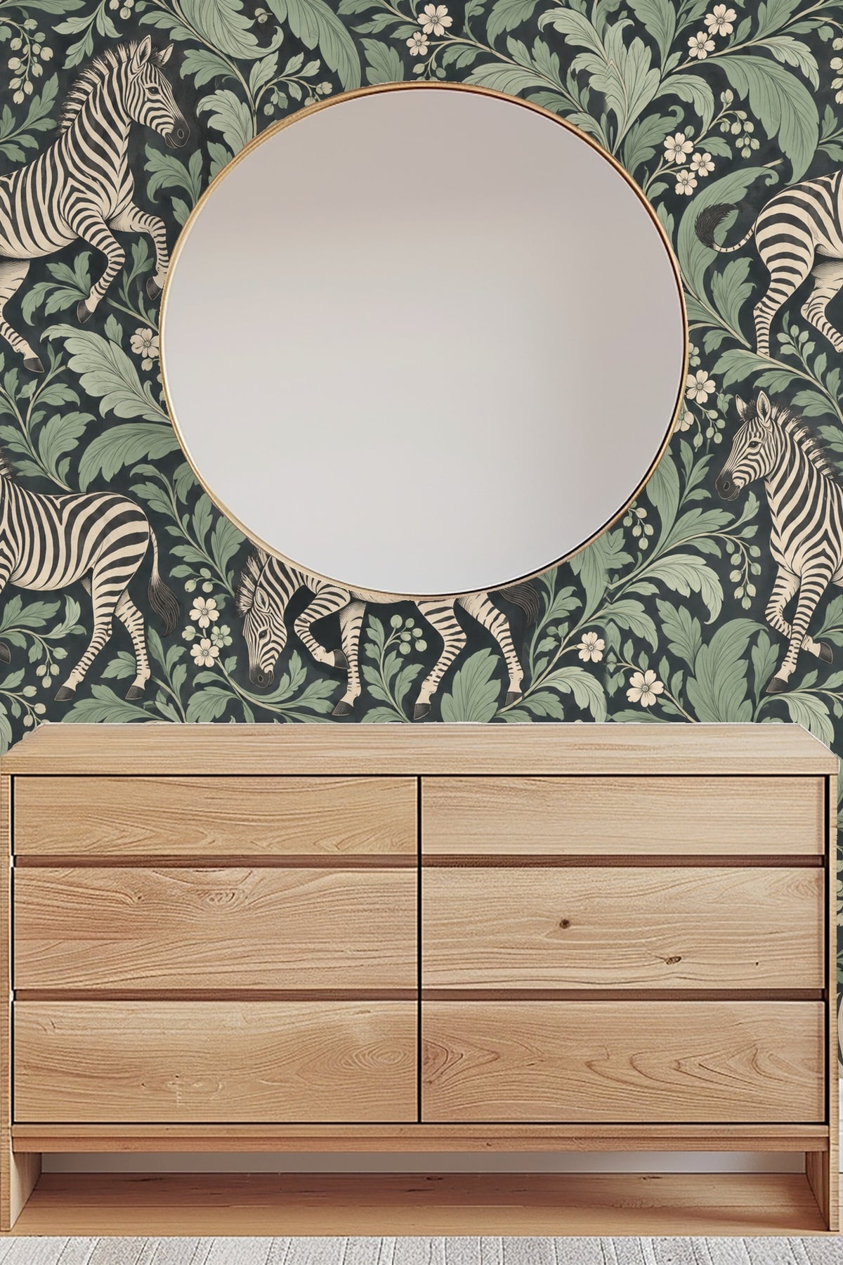 Zebra standing with head turned on wallpaper with leafy pattern