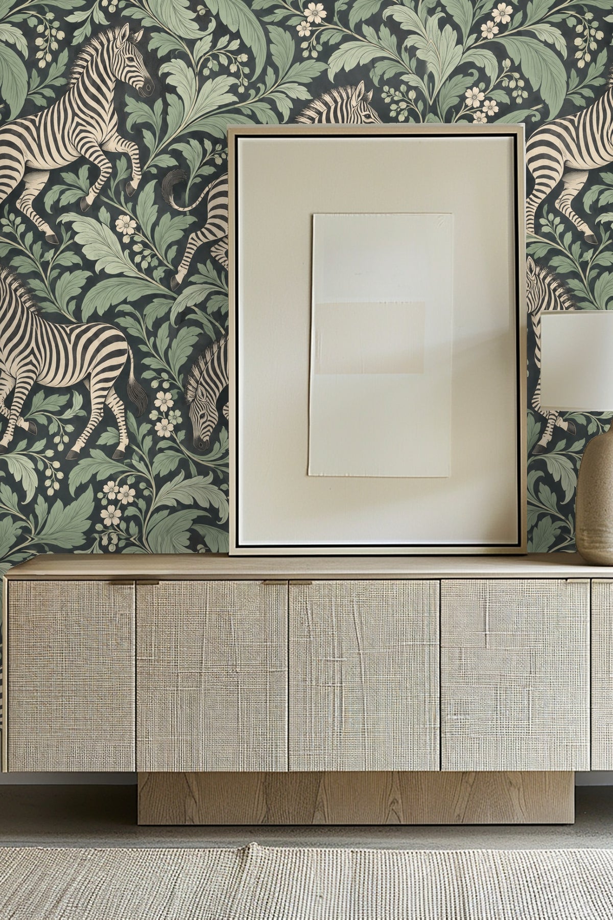 Living room with wallpaper showing striped zebras and large green leaves behind sideboard and framed art