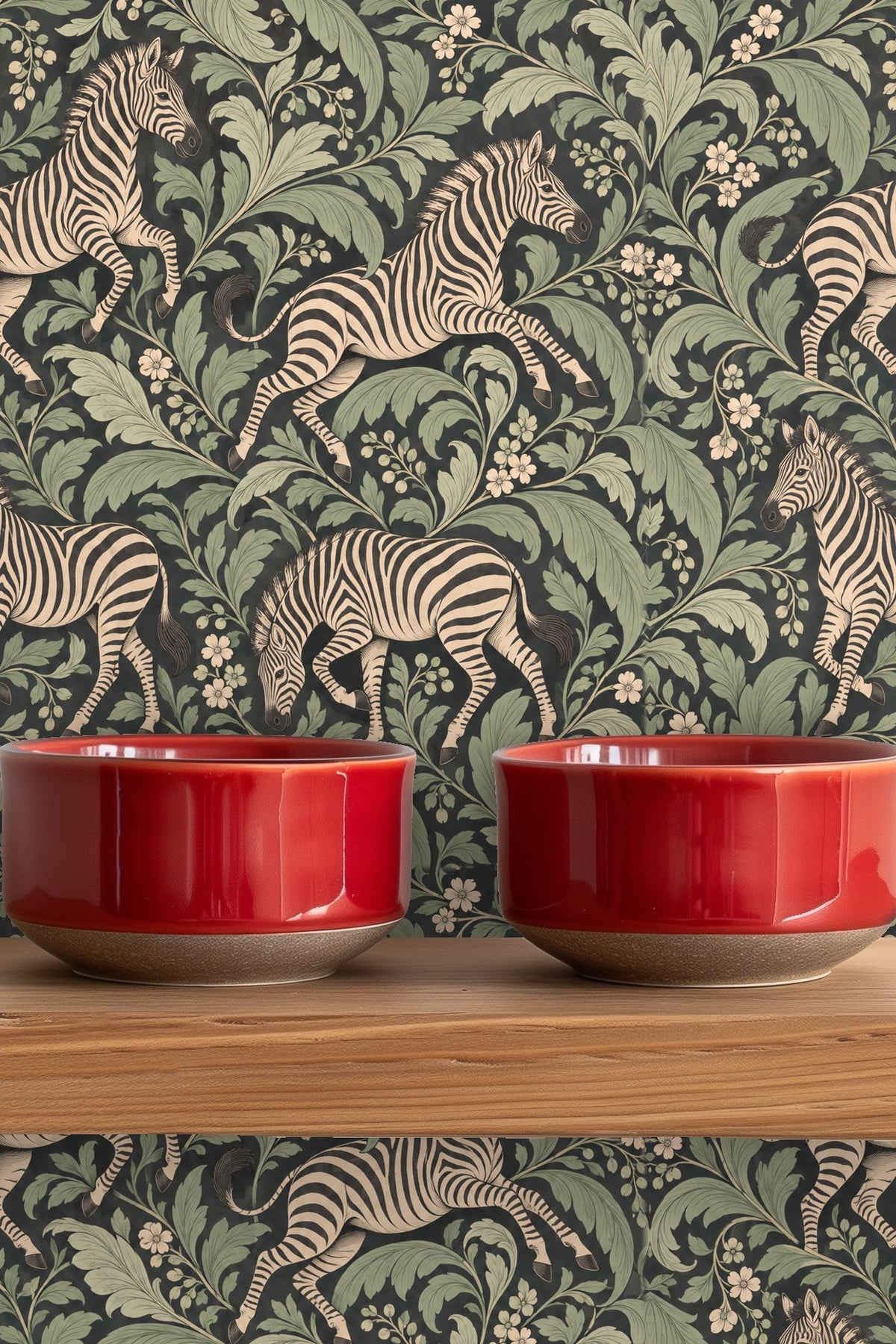 Zebras in playful poses surrounded by swirling green leaves and small flowers