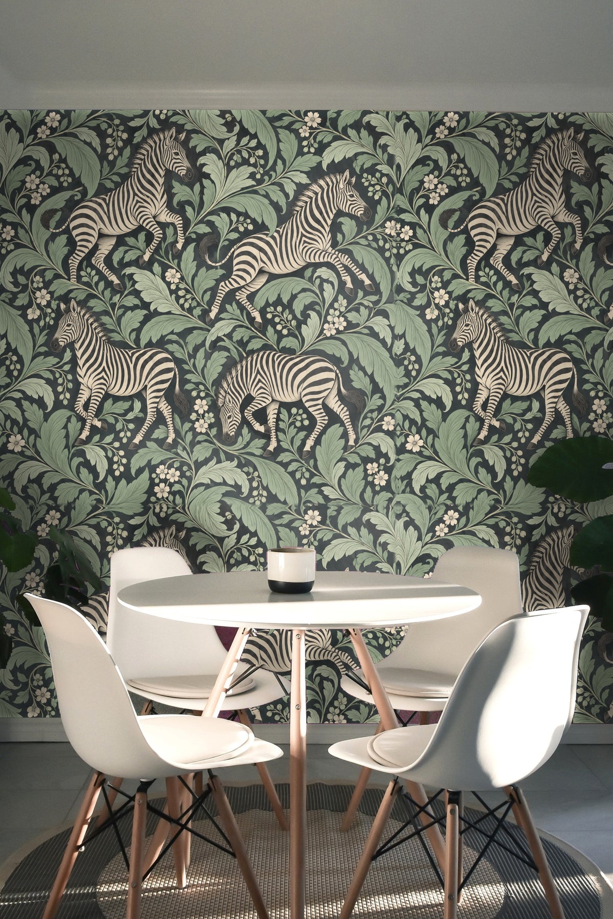 Branches with cream flowers against zebra and leaf wallpaper
