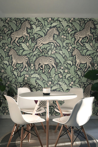 Branches with cream flowers against zebra and leaf wallpaper