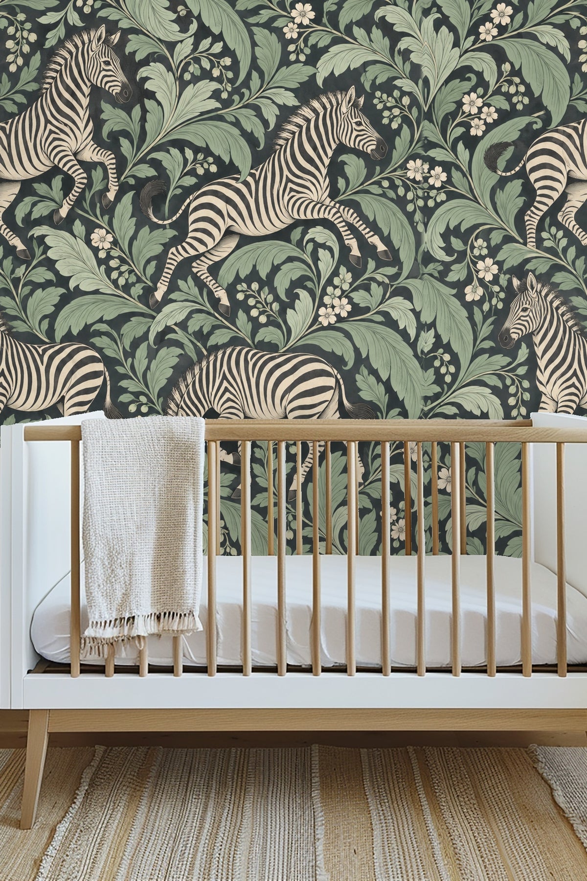 Sideboard against wall papered with zebra and green foliate design, displaying a modern white framed artwork