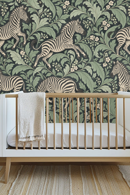 Sideboard against wall papered with zebra and green foliate design, displaying a modern white framed artwork