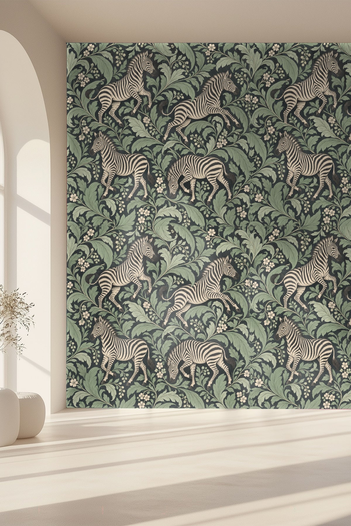 Close-up of zebra's head and mane on wallpaper with botanical elements