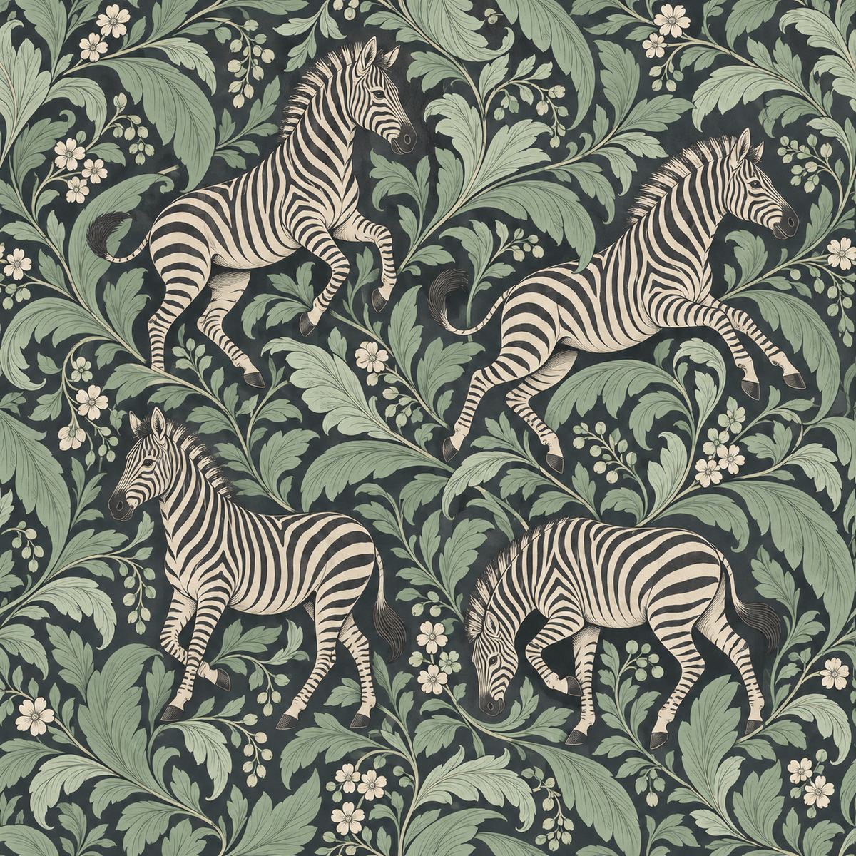 Pattern repeat showing zebras grazing and jumping within a dense leafy background