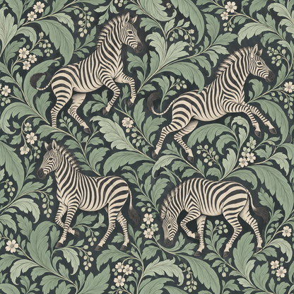 Pattern repeat showing zebras grazing and jumping within a dense leafy background