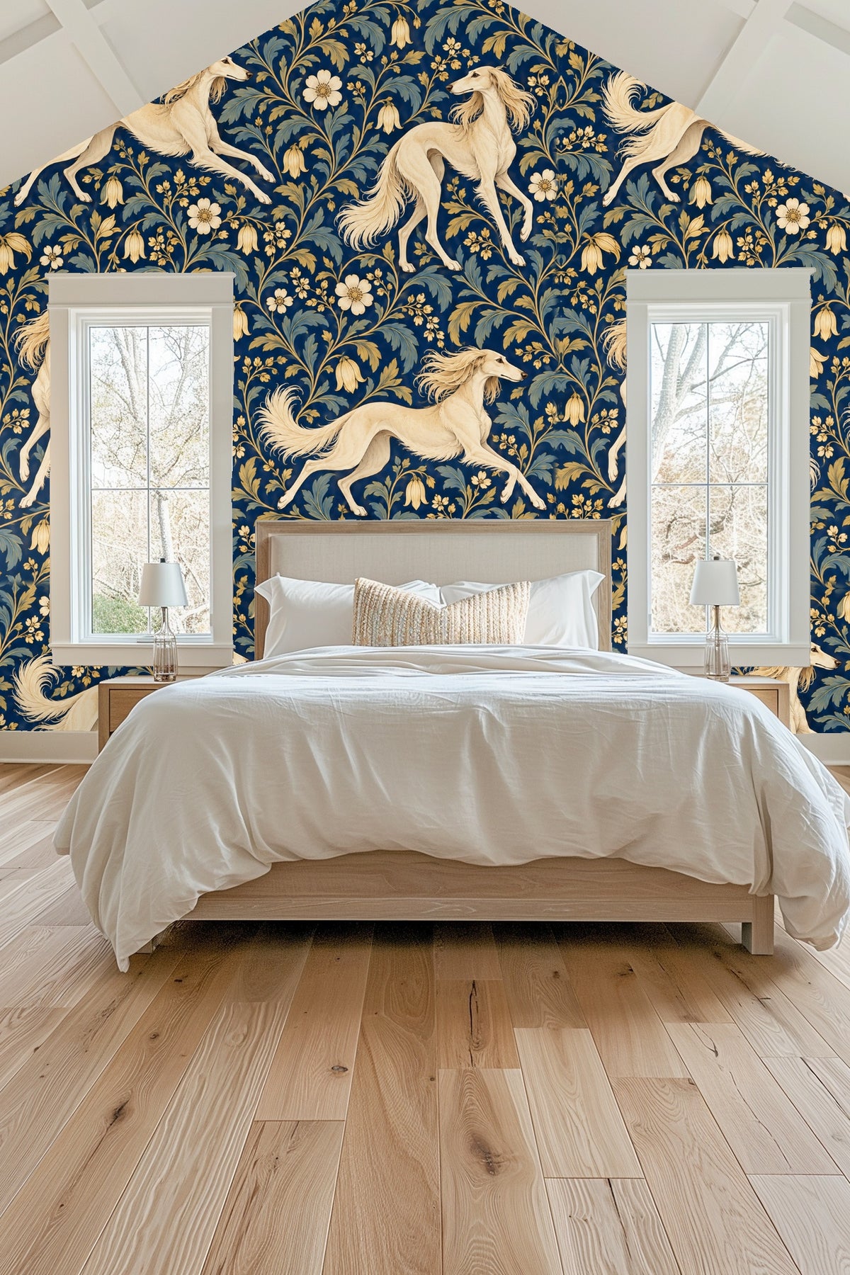 Golden bell flowers and cream-colored floral elements in wallpaper.