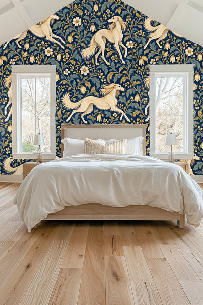 Golden bell flowers and cream-colored floral elements in wallpaper.