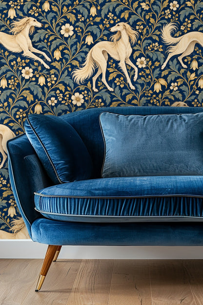 Wallpaper pattern with graceful fawn salukis and golden floral vines on deep blue background.