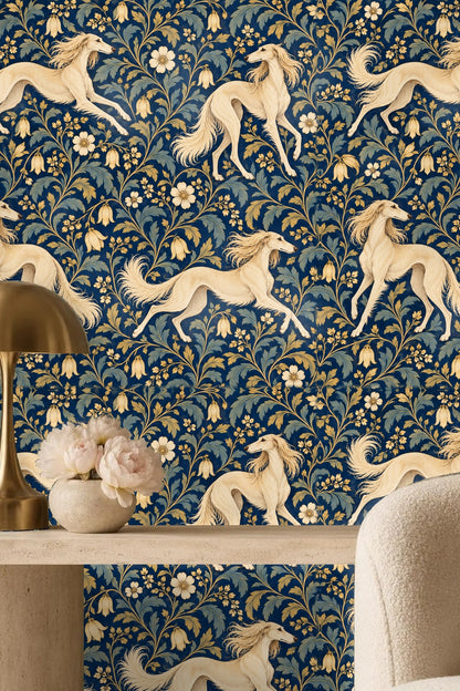 Close-up of dog's flowing mane and tail in wallpaper design.