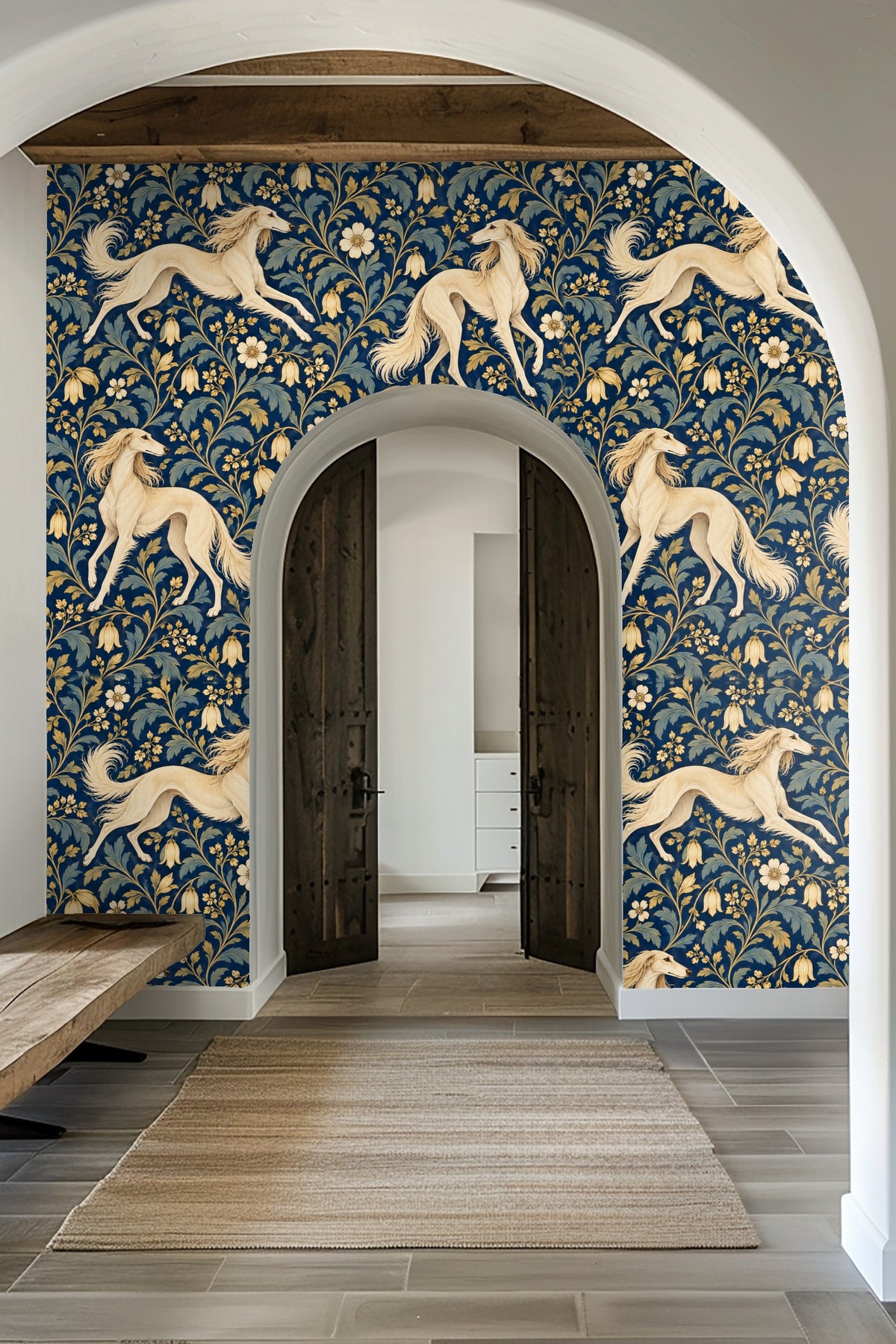 Laundry room interior featuring saluki and floral wallpaper under window and wooden shelving.