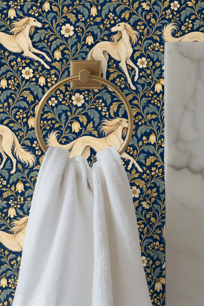 Detail of wallpaper showing running and standing saluki dogs amid stylized flowers and leaves.