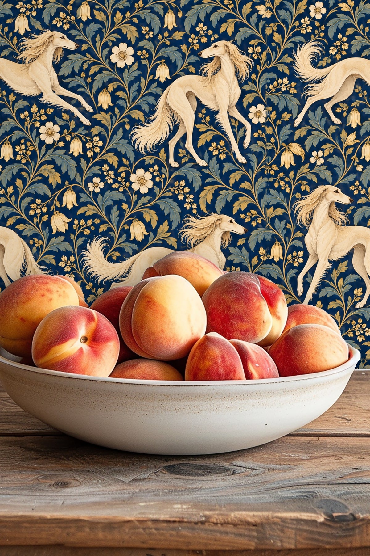 Wallpaper pattern with elegant intertwined floral stems and blossoms.