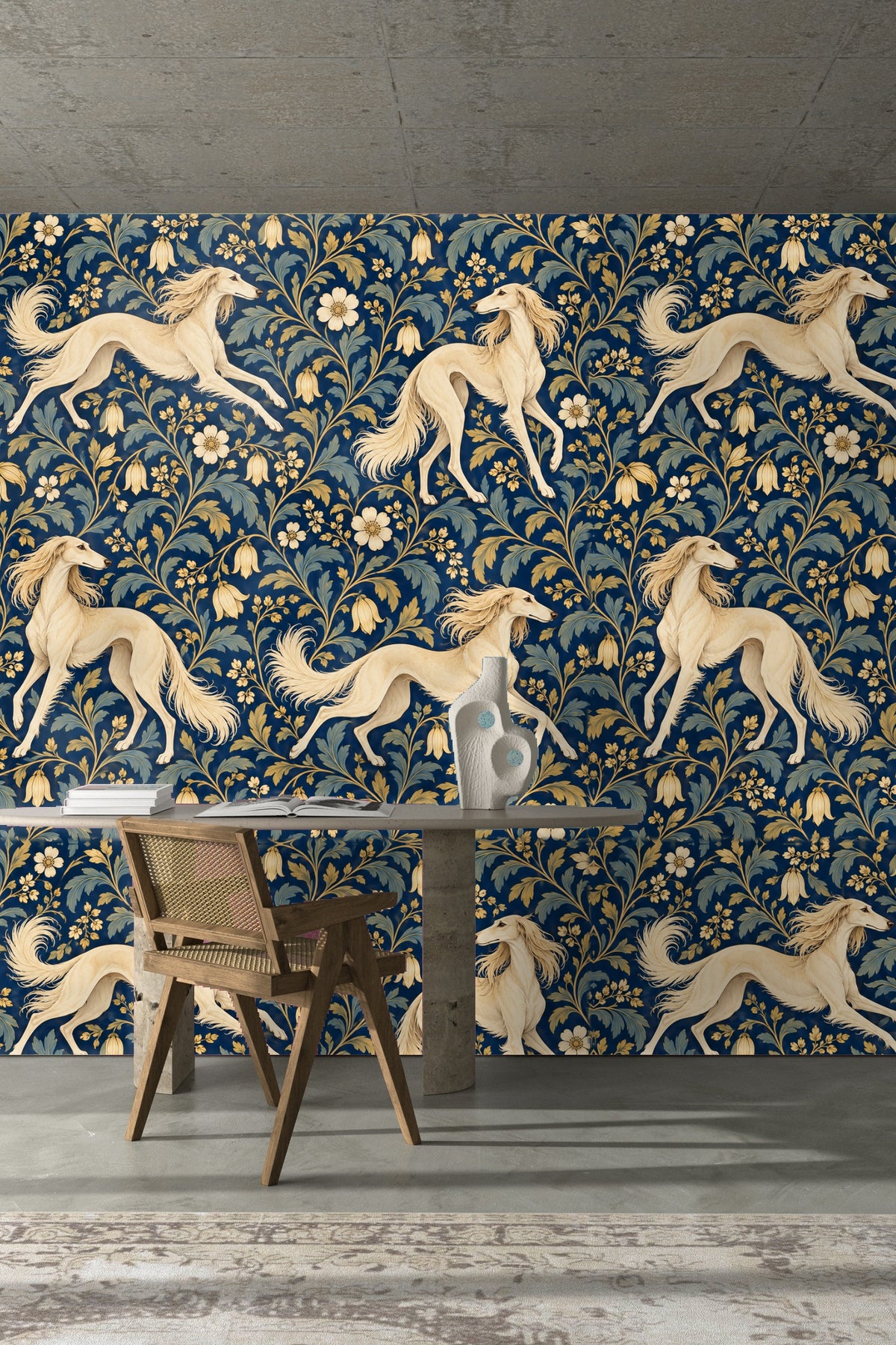 Salon room scene with wallpaper and mid-century sofa.