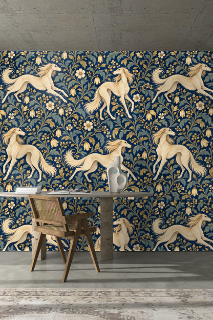 Salon room scene with wallpaper and mid-century sofa.