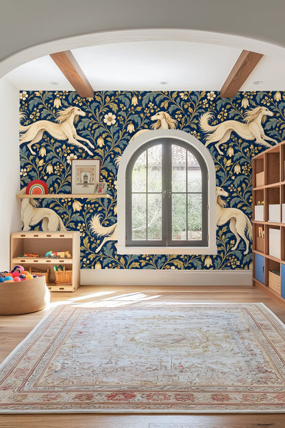 Shaded blue-green leaves in intricate wallpaper pattern.