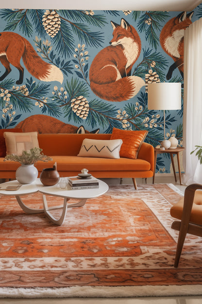 Muted blue background emphasizing red fox and green pine accents.
