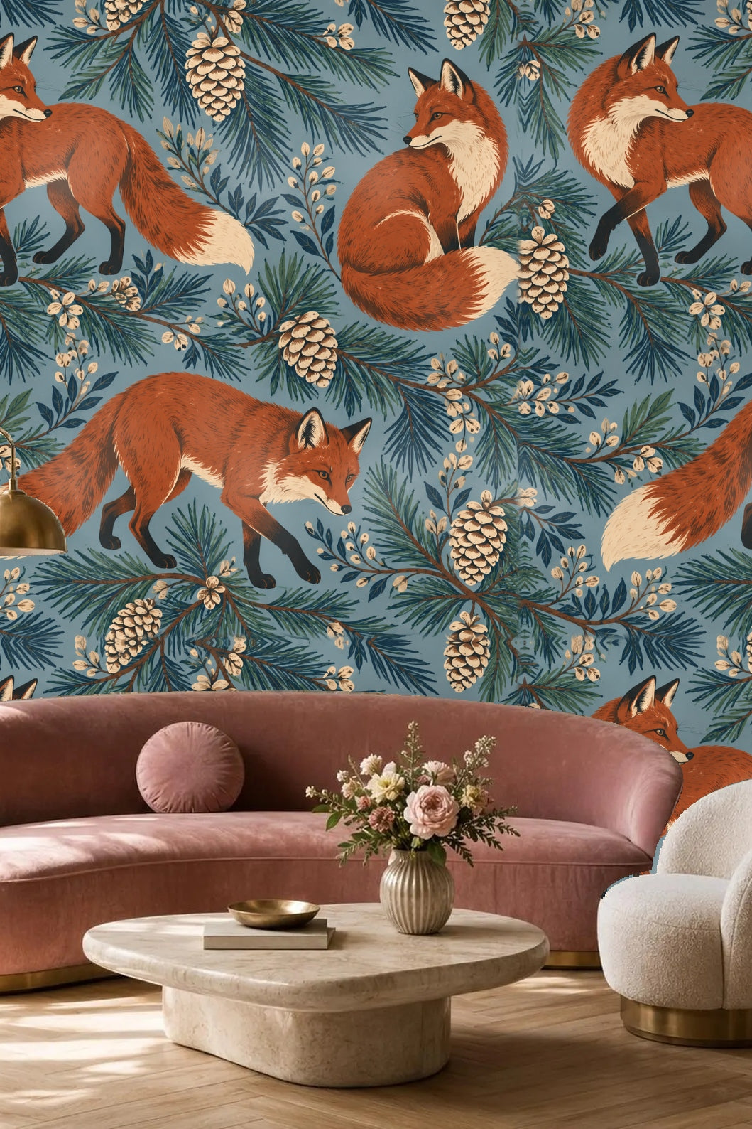 Pattern detail of red foxes among pine branches and pinecones on blue background.