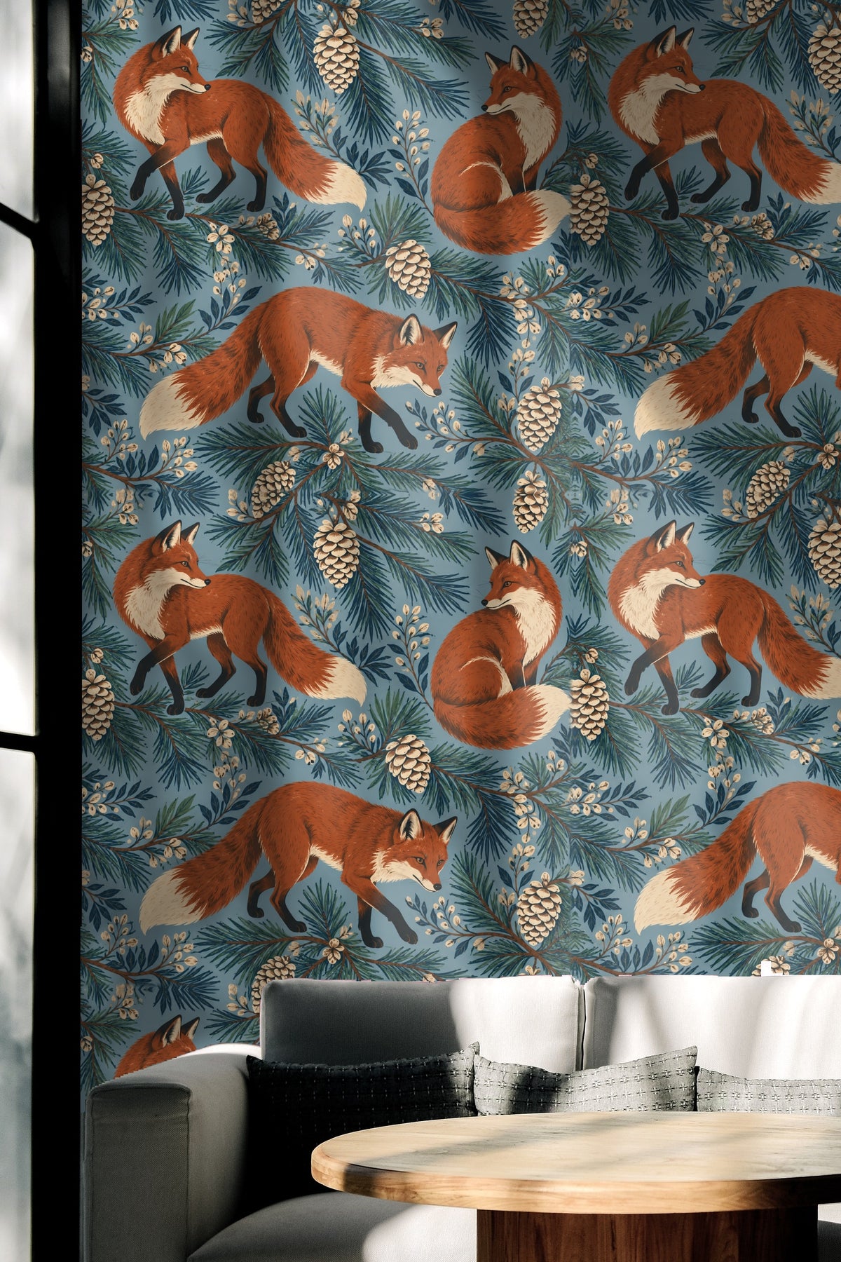 Wallpaper roll preview with foxes and natural foliage pattern.