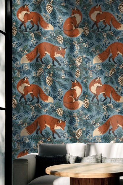 Wallpaper roll preview with foxes and natural foliage pattern.