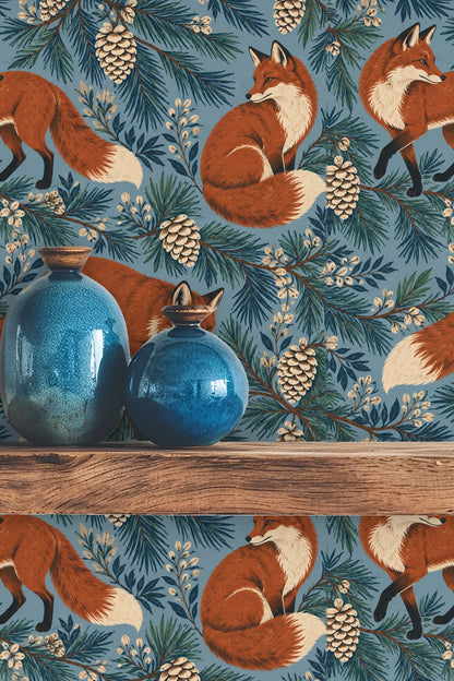 Pattern repeat with sitting fox and pine branches motif.