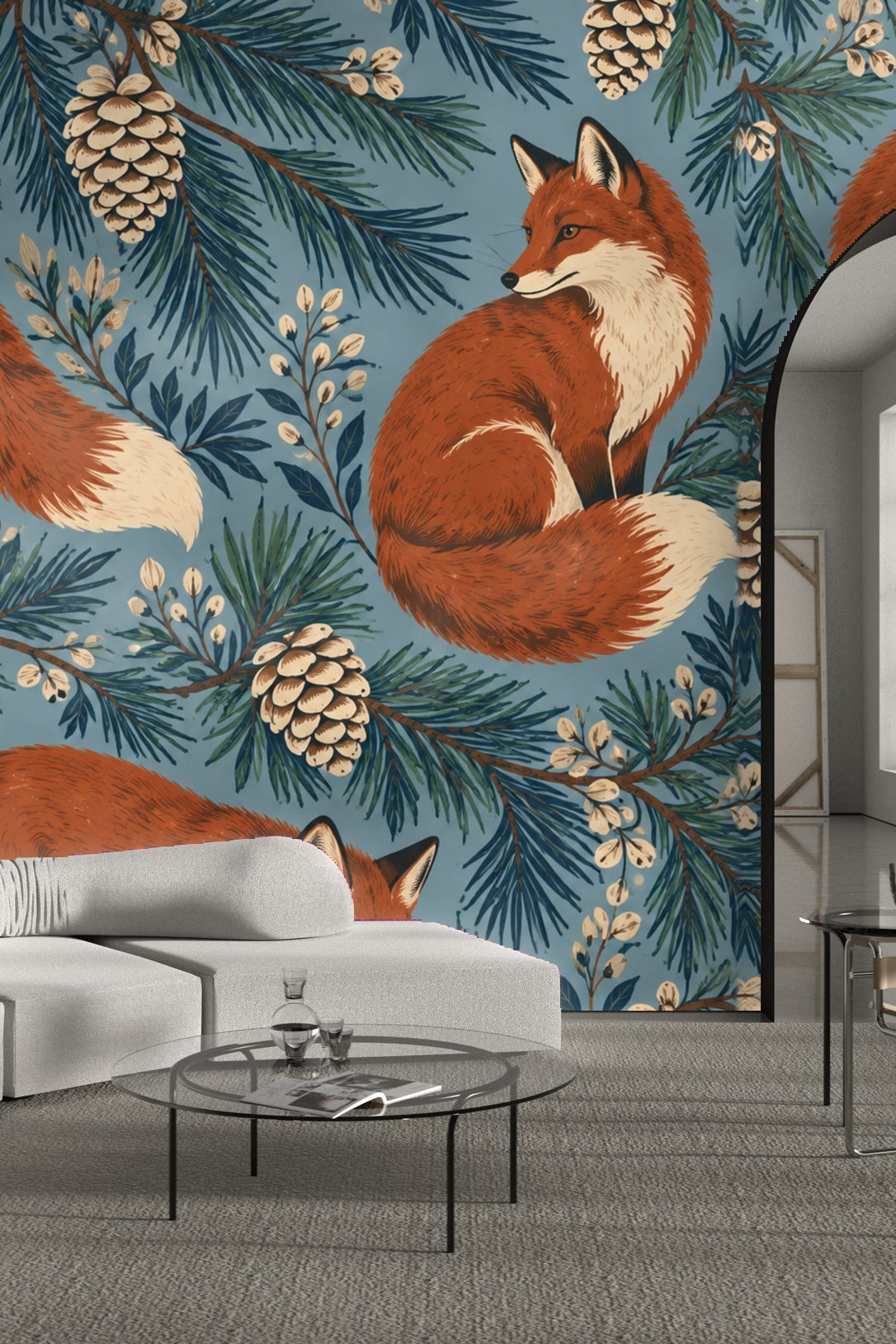 Fox tail and pine cone detail on the wallpaper.