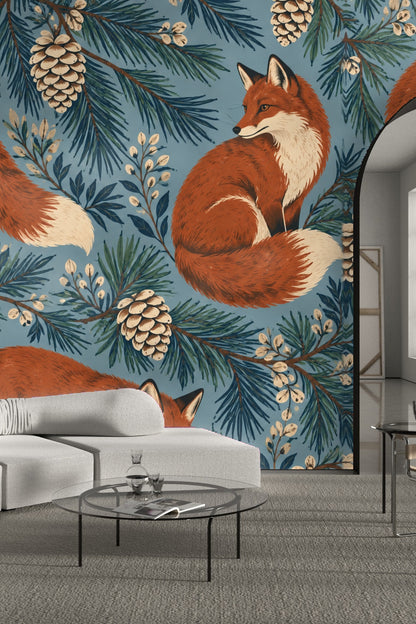 Fox tail and pine cone detail on the wallpaper.
