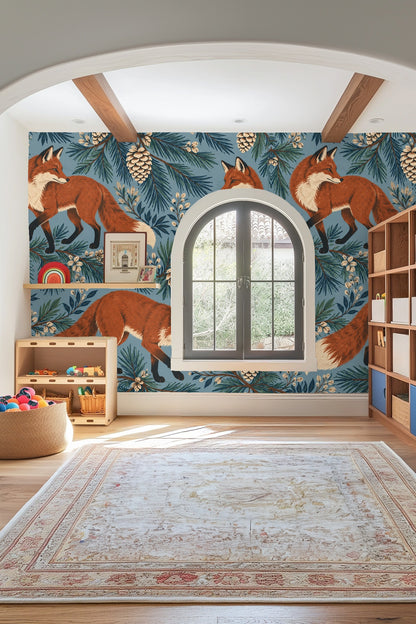 Close-up of fox's face and pine needles in the wallpaper pattern.