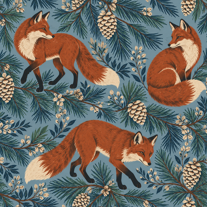 Artistic vintage style red fox and pinecone wallpaper pattern.