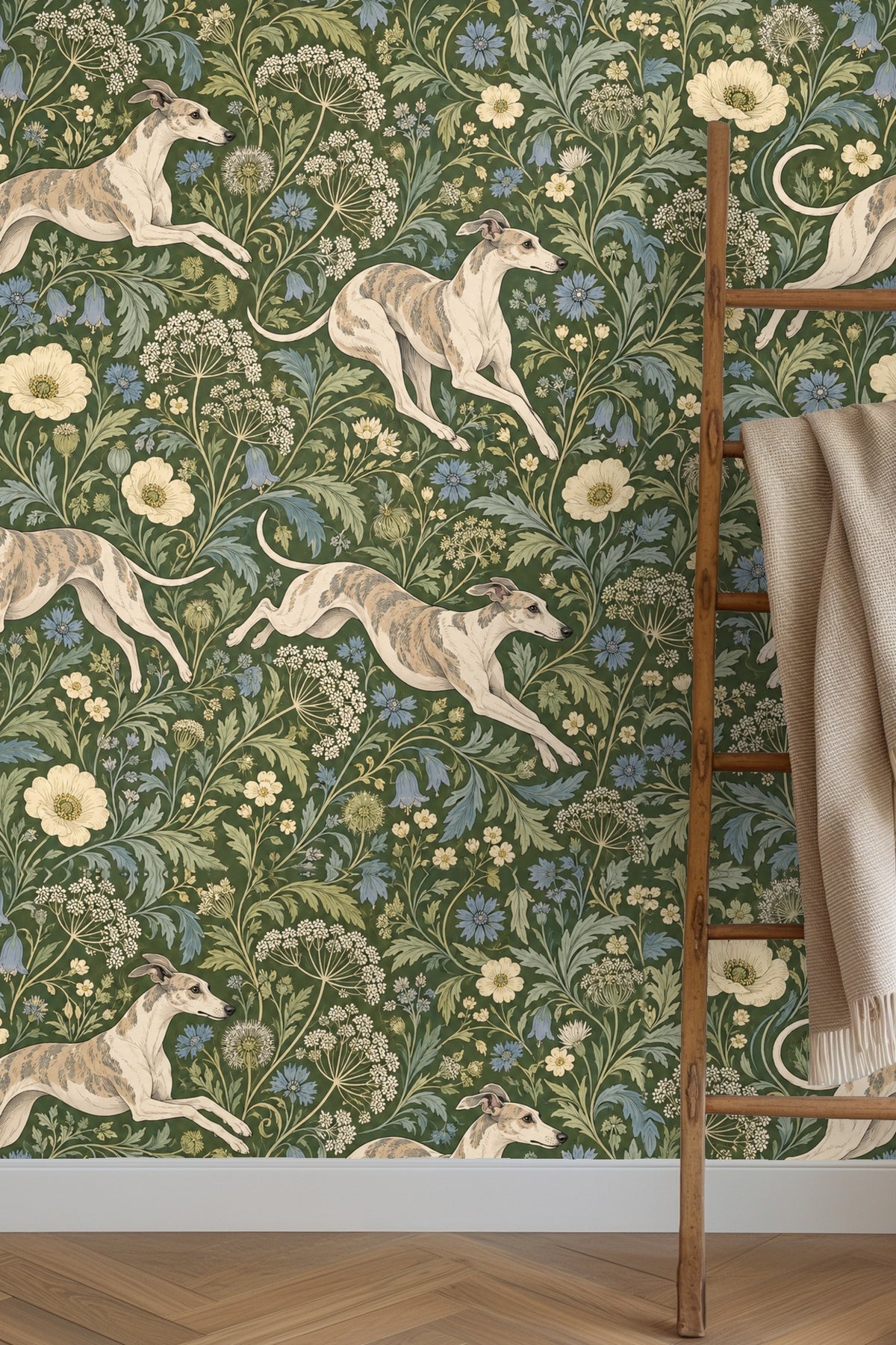 Wide view of floral and dog motif wrapping across the wall