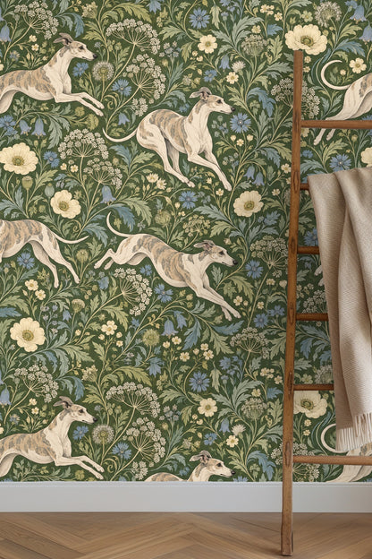 Wide view of floral and dog motif wrapping across the wall