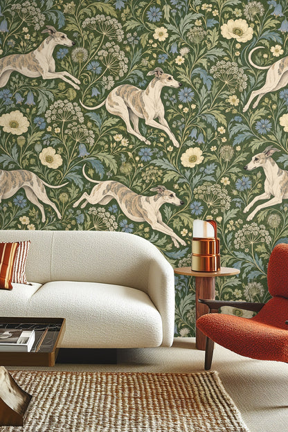 Close-up of leaping whippet figure in botanical wallpaper
