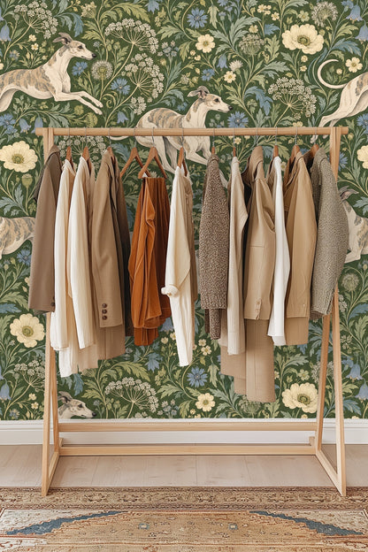 Pattern repeat showing whippet and floral elements