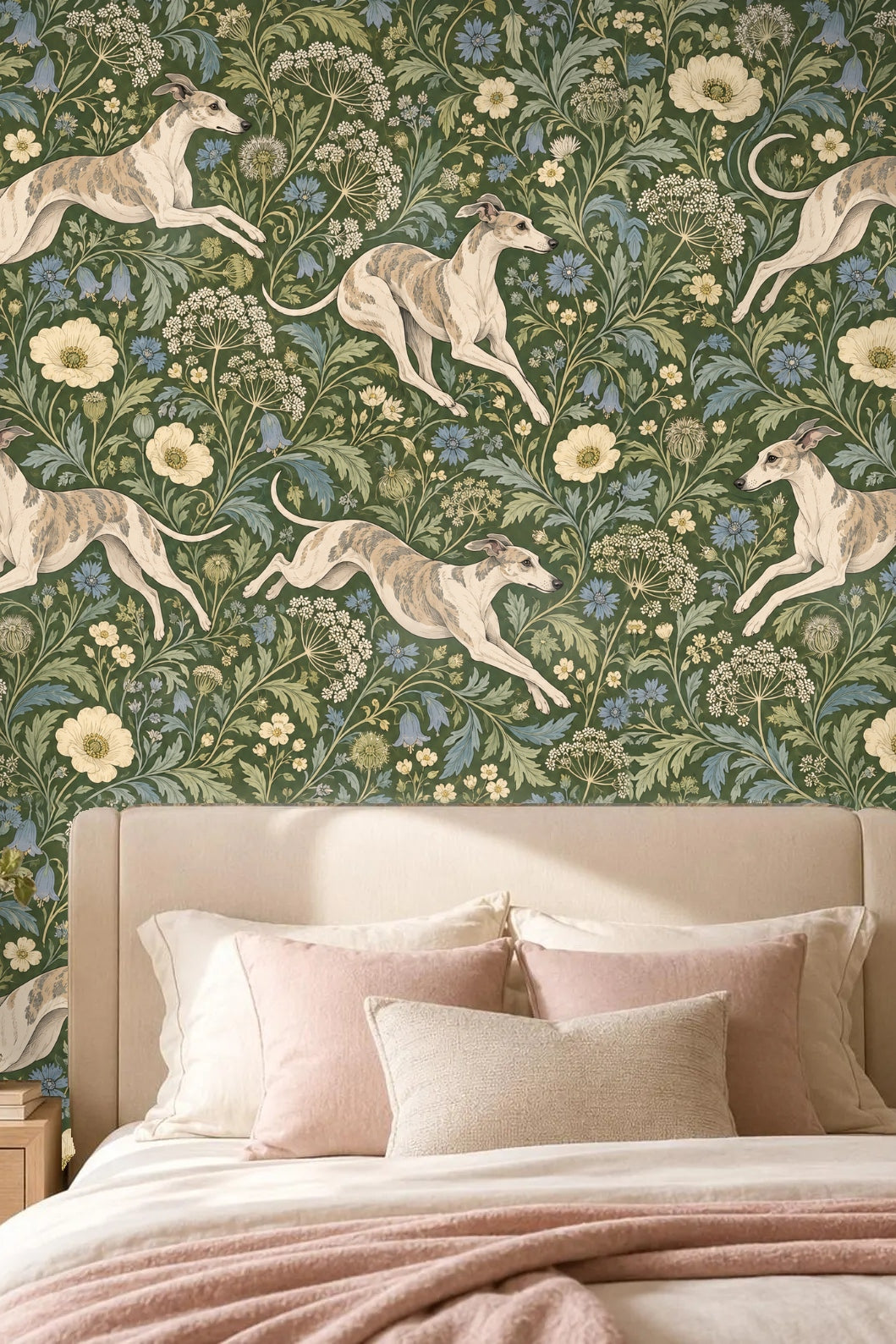 Brass faucet and light fixture complement wallpaper colors