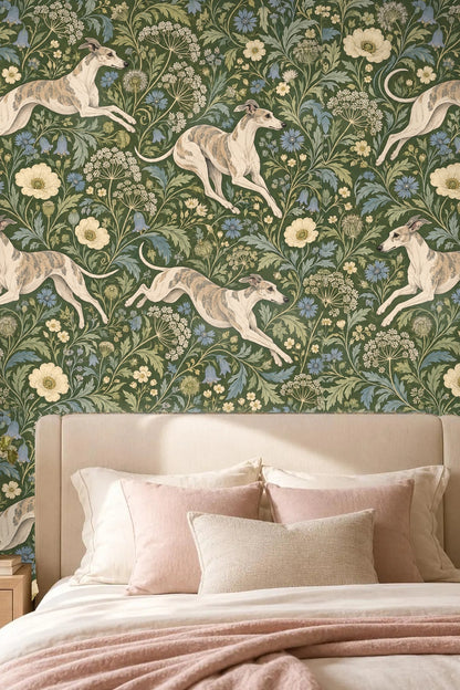 Brass faucet and light fixture complement wallpaper colors