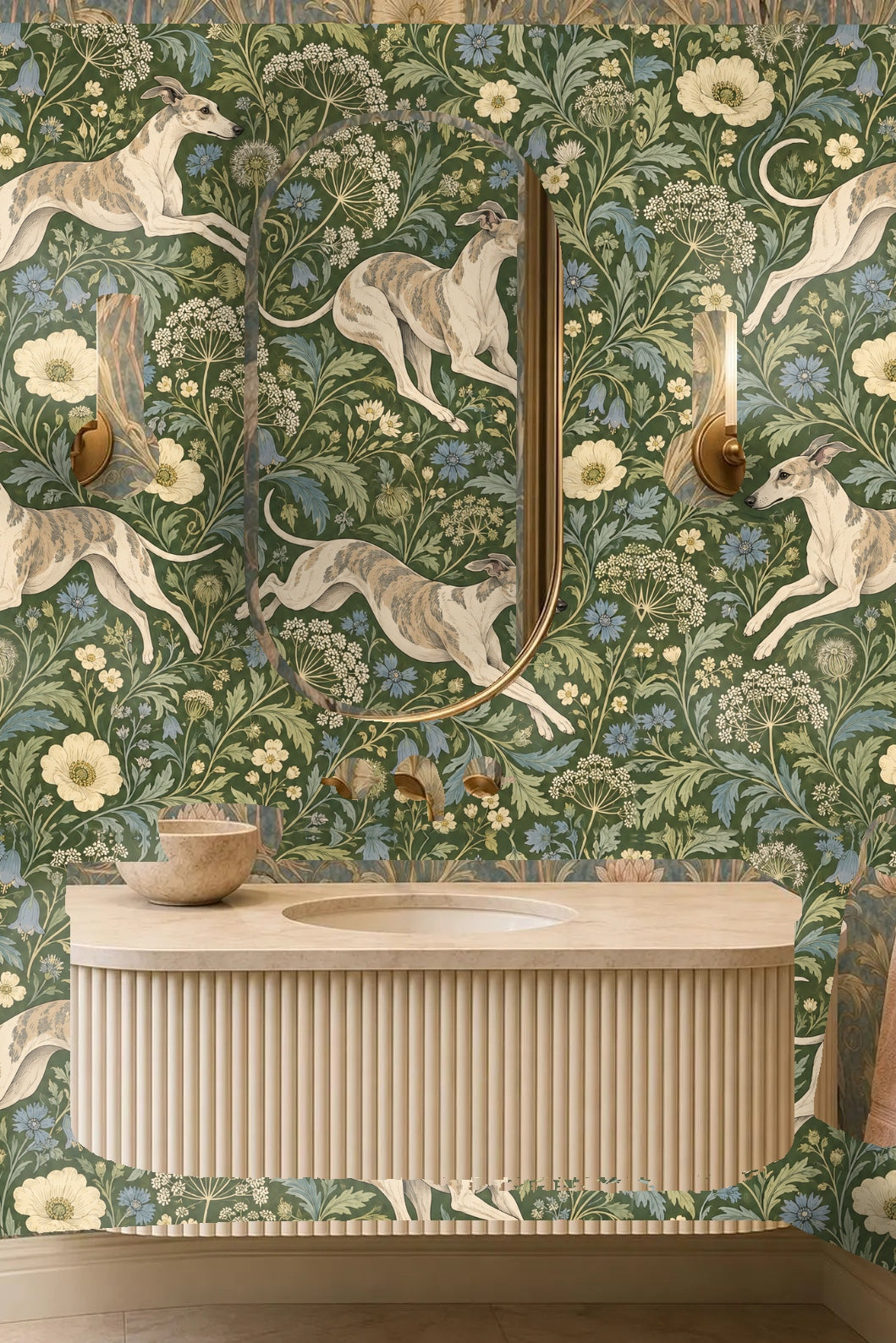 Pattern repeat showing graceful whippet forms and large flowers