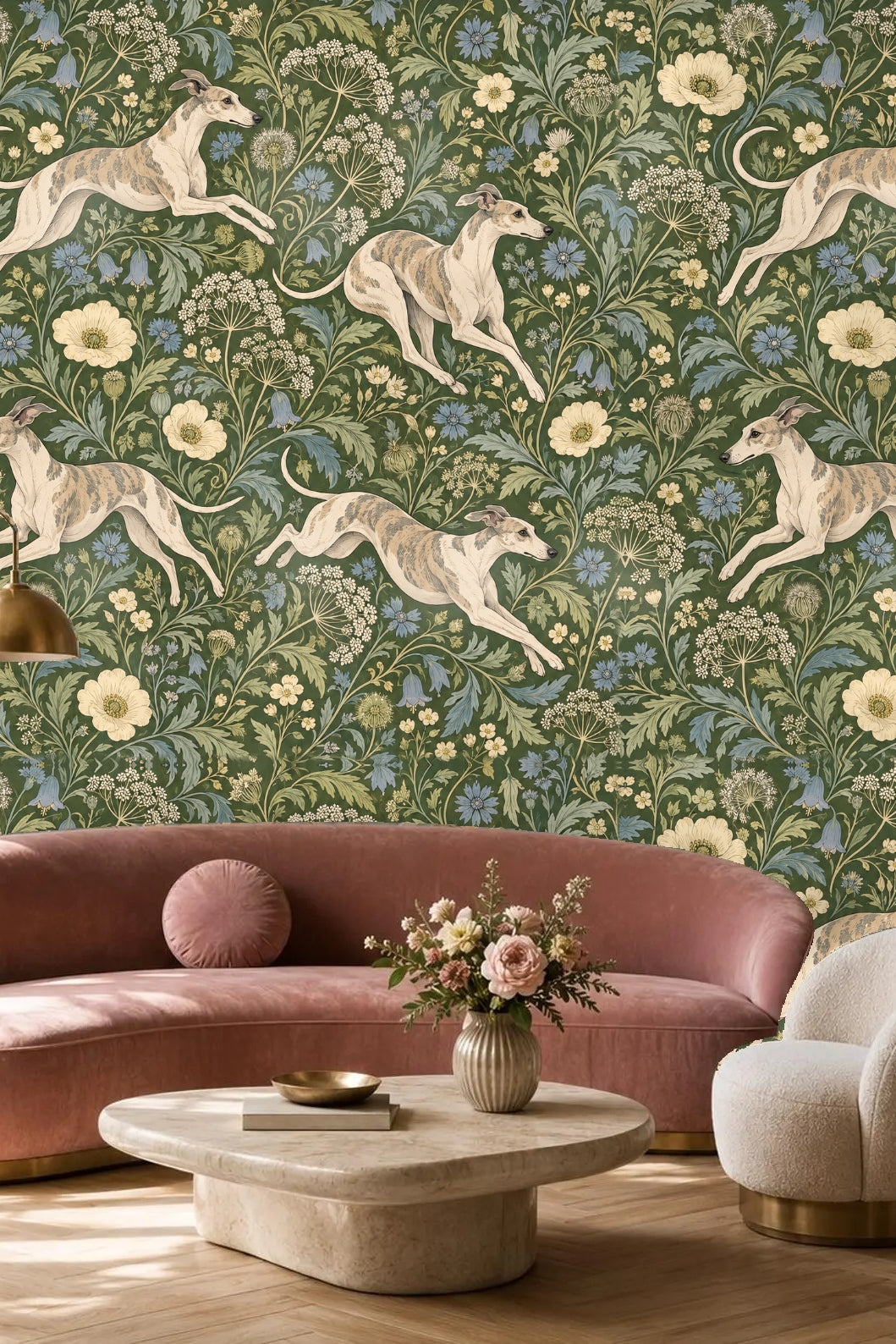 Detailed floral elements in blue and cream with leafy vines on green backdrop