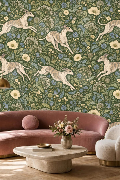 Detailed floral elements in blue and cream with leafy vines on green backdrop