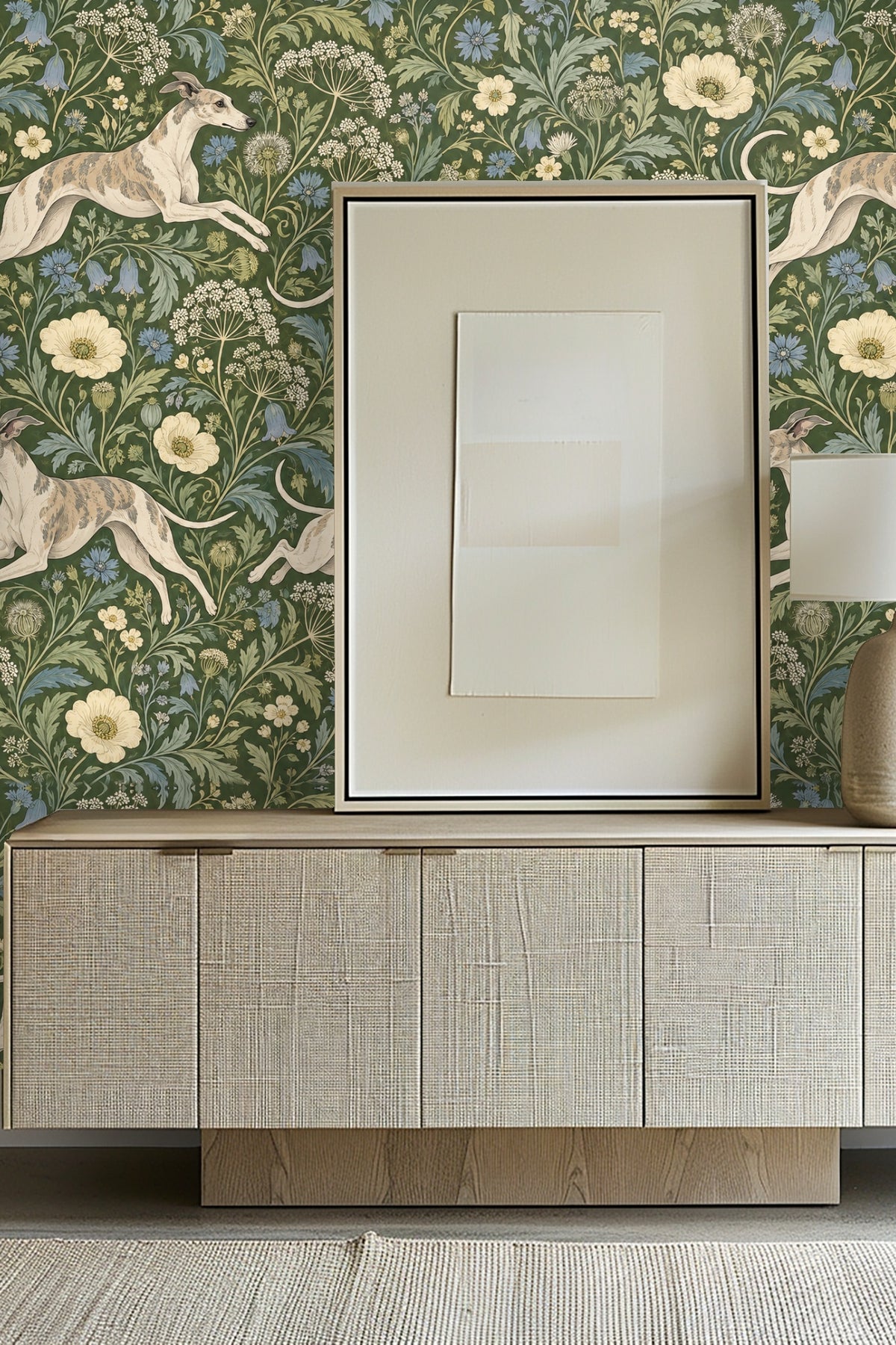 Whippet Meadow Chase wallpaper artwork with jumping dogs and detailed florals on green background