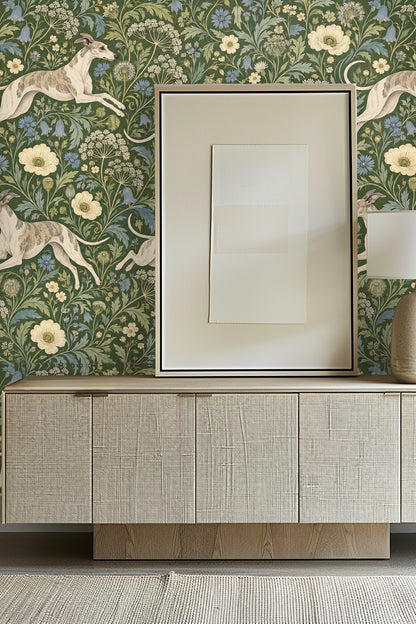 Whippet Meadow Chase wallpaper artwork with jumping dogs and detailed florals on green background