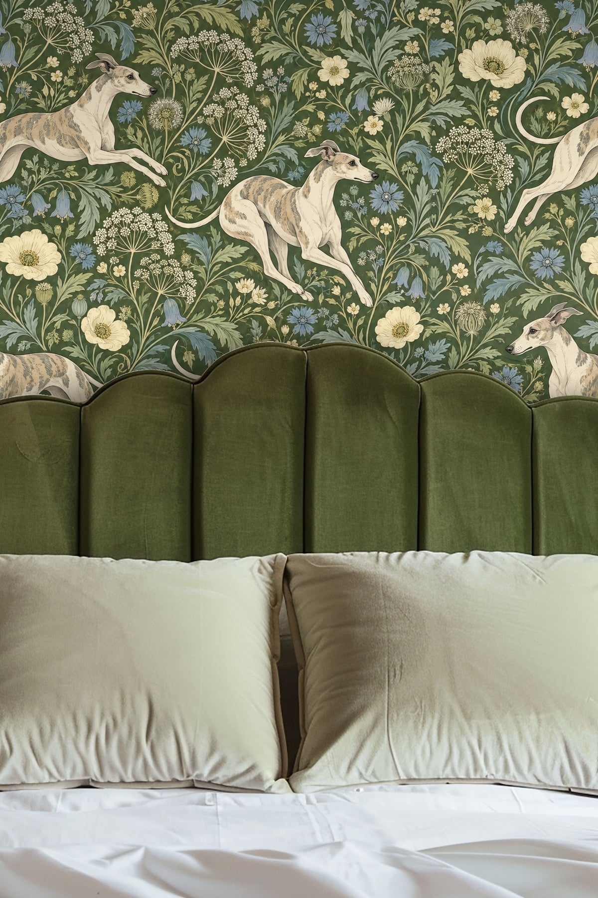 Whippet Woodland Pattern original artwork showing leaping whippets among green foliage and blue flowers