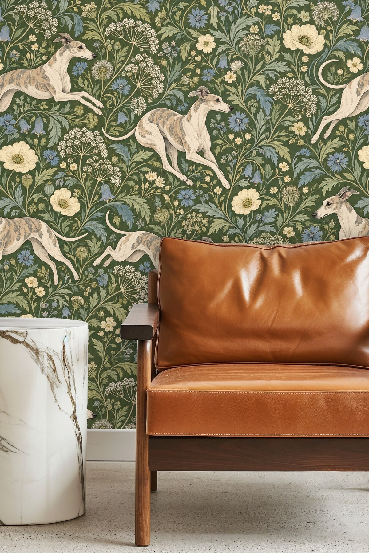 Wildflower botanical detailing intertwined around whippet
